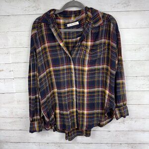 We The Free Navy Multi Button Down Oversize Plaid Shirt